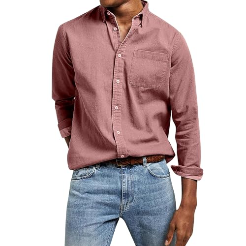 PODOLIXIA Hemd Herren, Langarm Slim fit Freizeithemd mit Knopfleiste und Tasche Umlegekragen Button Down Hemd Männer Lässiges Strandhemd Einfarbig Herrenhemd von PODOLIXIA