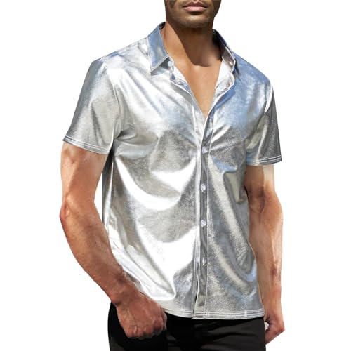PODOLIXIA Herren Glänzend Slim Fit Satin Kurzarmhemd Frezeit Business Hemd für Party Nachtclub Cosplay mit Knopfleiste von PODOLIXIA