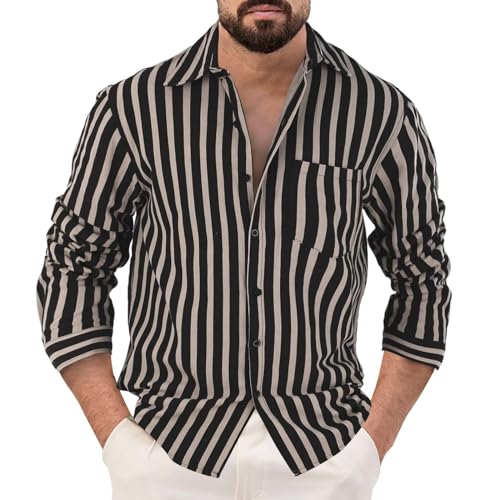 PODOLIXIA Herren Hemd Langarm Leinenhemd Sommer Streifen Button Down Hemd Freizeithemden Lässiger Regular Fit Hawaii Strand Urlaub Langarmhemd mit Knopfleiste Männer Leinen Strandhemd von PODOLIXIA