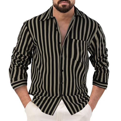 PODOLIXIA Herren Hemd Langarm Leinenhemd Sommer Streifen Button Down Hemd Freizeithemden Lässiger Regular Fit Hawaii Strand Urlaub Langarmhemd mit Knopfleiste Männer Leinen Strandhemd von PODOLIXIA