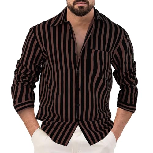 PODOLIXIA Herren Hemd Langarm Leinenhemd Sommer Streifen Button Down Hemd Freizeithemden Lässiger Regular Fit Hawaii Strand Urlaub Langarmhemd mit Knopfleiste Männer Leinen Strandhemd von PODOLIXIA