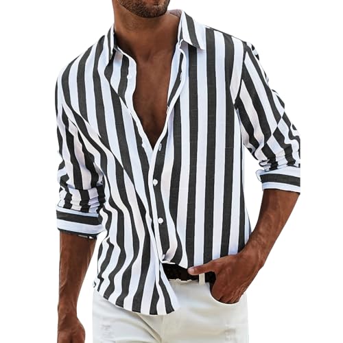 PODOLIXIA Herren Hemd Langarm Leinenhemd Sommer Streifen Button Down Hemd Freizeithemden Lässiger Regular Fit Hawaii Strand Urlaub Langarmhemd mit Knopfleiste Männer Leinen Strandhemd von PODOLIXIA