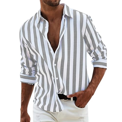 PODOLIXIA Herren Hemd Langarm Leinenhemd Sommer Streifen Button Down Hemd Freizeithemden Lässiger Regular Fit Hawaii Strand Urlaub Langarmhemd mit Knopfleiste Männer Leinen Strandhemd von PODOLIXIA