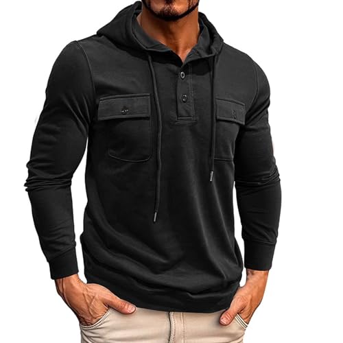 PODOLIXIA Herren Hoodie Cargo-Hemd mit Kapuze und Brusttaschen Einfarbig Knöpfen Hoody Sweatshirts Regular Fit Lange Ärmel Herbst Kapuzenpullover Herren Leisure Pulli Langarmshirts von PODOLIXIA