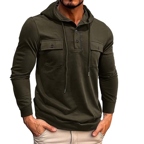 PODOLIXIA Herren Hoodie Cargo-Hemd mit Kapuze und Taschen Einfarbig Knöpfe Hooded Sweatshirts Regular Fit Longsleeve Herbst Kapuzenpullover Herren Leisure Pulli Langarmshirt von PODOLIXIA