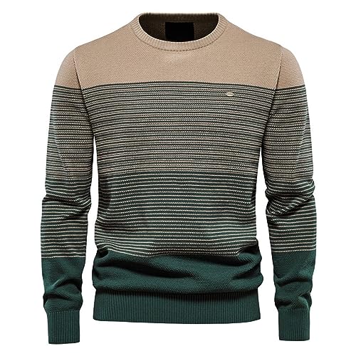 PODOLIXIA Herren Pullover Rundkragen Strickpullover Retro Gestreift Frühling Herbst Strickpulli Baumwolle Gestrickt Oberteile Männer Lange Ärmel Sweater Freizeit Langarmshirts von PODOLIXIA