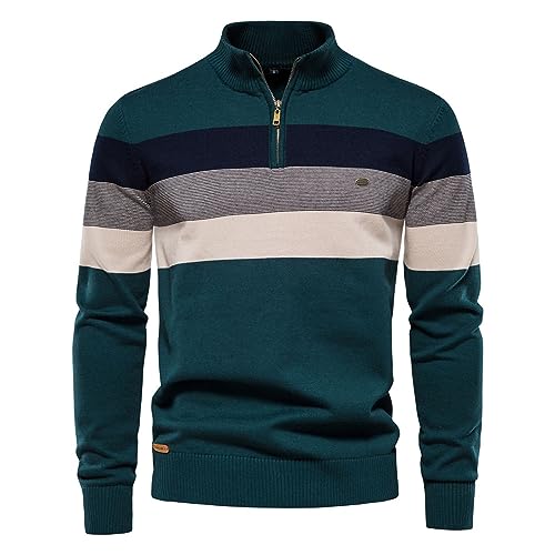 Herren Strickpullover Troyer Baumwolle Gestreift Grobstrick Pullover mit Stehkragen und Reißverschluss von PODOLIXIA