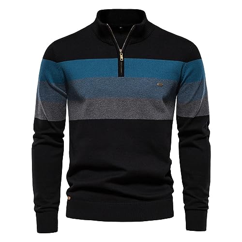 Herren Strickpullover Troyer Baumwolle Gestreift Grobstrick Pullover mit Stehkragen und Reißverschluss von PODOLIXIA