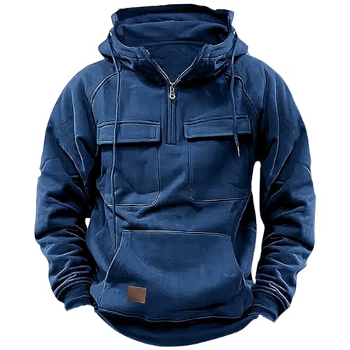 PODOLIXIA Hoodie Herren Cargo-Kapuzenpullover Steampunk Streetwear Pullover mit Kapuze und 2 Brusttasche Arbeits-Hoodie Hoher Kragen Hooded Sweatshirt 1/4 Reißverschluss Männer Langärm Oberteil von PODOLIXIA