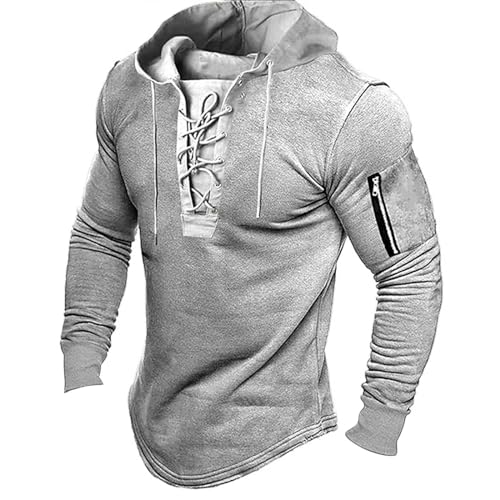 PODOLIXIA Hoodie Herren Retro Halsausschnitt mit Kordelzug Color-Blocking Hooded Pullover Langarm Kapuzenpullover Men's Vintage Mittelalter Gothic Freizeit Langarmshirts von PODOLIXIA