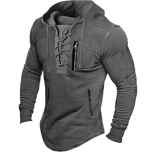 PODOLIXIA Hoodie Herren Retro Halsausschnitt mit Kordelzug Color-Blocking Hooded Pullover Langarm Kapuzenpullover Men's Vintage Mittelalter Gothic Freizeit Langarmshirts von PODOLIXIA