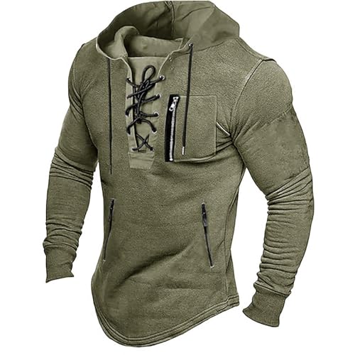 PODOLIXIA Hoodie Herren Retro Halsausschnitt mit Kordelzug Color-Blocking Hooded Pullover Langarm Kapuzenpullover Men's Vintage Mittelalter Gothic Freizeit Langarmshirts von PODOLIXIA