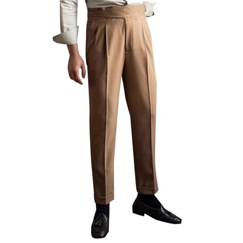 PODOLIXIA Hosen Herren Elegant Anzughose Herren Hoher Bund Falten vorne Gurkha Hose Klassischer Fischgrätenmuster Vintage Freizeithose kein Gürtel erforderlich Neapel Hose Herrenhosen von PODOLIXIA