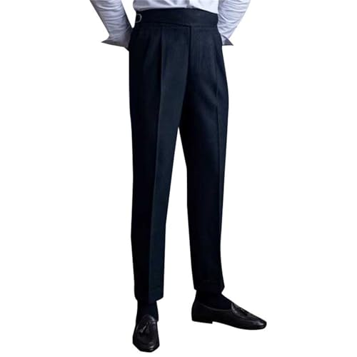 PODOLIXIA Hosen Herren Elegant Anzughose Herren Hoher Bund Falten vorne Gurkha Hose Klassischer Fischgrätenmuster Vintage Freizeithose kein Gürtel erforderlich Neapel Hose Herrenhosen von PODOLIXIA