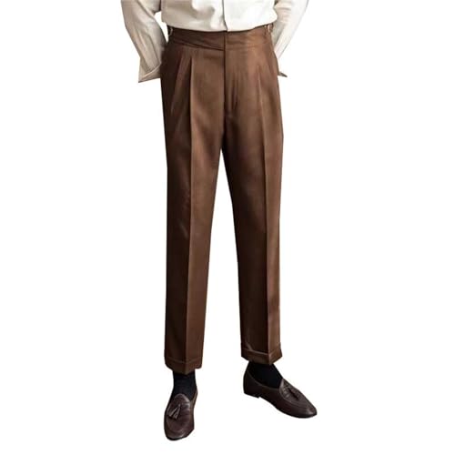 PODOLIXIA Hosen Herren Elegant Anzughose Herren Hoher Bund Falten vorne Gurkha Hose Klassischer Fischgrätenmuster Vintage Freizeithose kein Gürtel erforderlich Neapel Hose Herrenhosen von PODOLIXIA