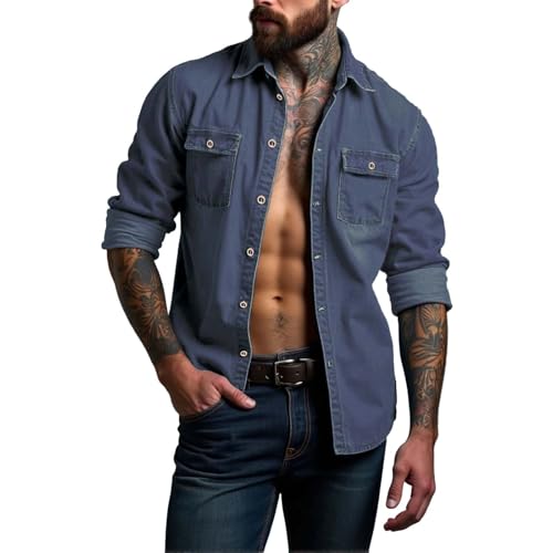 PODOLIXIA Jeanshemd Herren Hemd Langarm Frühling Sommerhemd mit Knopfleiste und Brusttaschen Cowboy Freizeithemden für Herren Button-Down Herrenhemden Langärmeliges Western Oberhemden von PODOLIXIA