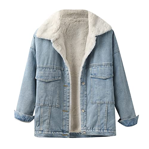 PODOLIXIA Jeansjacke Damen Kurz Winterjacke Gefütterte Fleece Teddy Kragen Herbst Winter Übergangsjacke Warme Jacke Denim Longsleeve Western Style Cowboy Jacket Frauen Jeans-Jacke mit Einreiher von PODOLIXIA