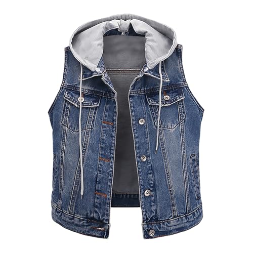 PODOLIXIA Jeansweste Damen, Ärmellos Jeanshemd Damen, mit Abnehmbarer Kapuze, Retro Distressed Gewaschene Weste Damen Sommer Kurz Jeanswesten Damen Denim Ärmelloses Jeansjacke Knopfleiste mit Taschen von PODOLIXIA
