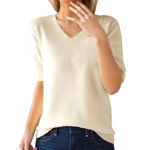 PODOLIXIA Kurzarm Pullover Damen Elegant Sommer Strick Tops Damen Leicht Hautfreundlich Strick-Oberteile Kurzen Ärmeln Strickpulli, Einfarbig V-Ausschnitt Sweater Strickpullover von PODOLIXIA