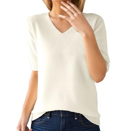PODOLIXIA Kurzarm Pullover Damen Elegant Sommer Strick Tops Damen Leicht Hautfreundlich Strick-Oberteile Kurzen Ärmeln Strickpulli, Einfarbig V-Ausschnitt Sweater Strickpullover von PODOLIXIA