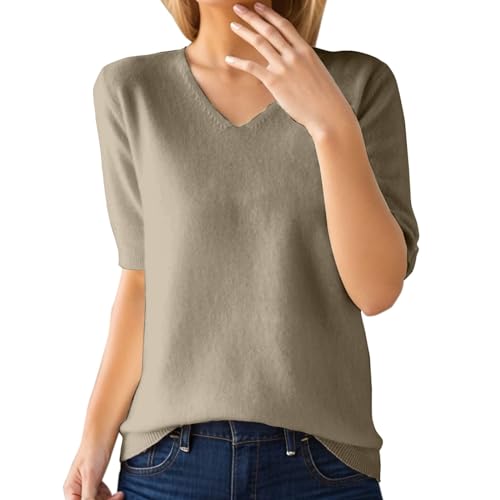 PODOLIXIA Kurzarm Pullover Damen Elegant Sommer Strick Tops Damen Leicht Hautfreundlich Strick-Oberteile Kurzen Ärmeln Strickpulli, Einfarbig V-Ausschnitt Sweater Strickpullover von PODOLIXIA