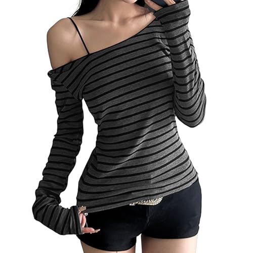 PODOLIXIA Langarmshirt Damen Eng Off Shoulder Oberteil Damen Gestreift Crop Tops Y2k U-Ausschnitt Lange Ärmel Basic Tshirt mit Streifen Blusenshirt Ringelshirt von PODOLIXIA