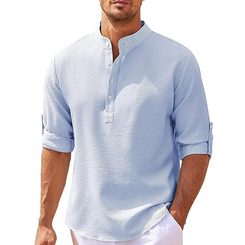 PODOLIXIA Langarmshirt Herren Stehkragen mit Halbe Knopfleiste Hemd Herren Langarm Gestrickt Waffel Karierte Pullover Freizeithemd Einfarbig Herren Hemden Langarm Bügelfrei Oberhemd mit Knöpfen von PODOLIXIA