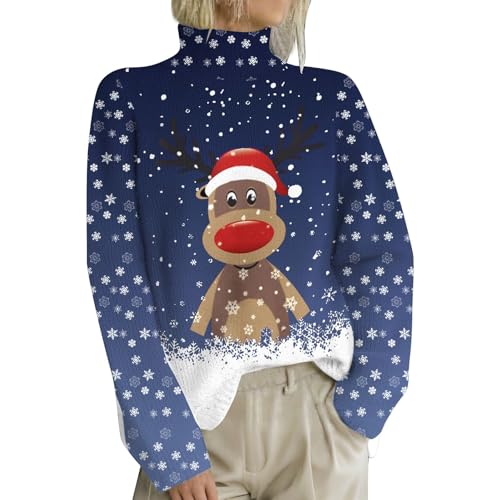 PODOLIXIA Lustige Weihnachtspullover Damen Rollkragen Ugly Christmas Sweater Damen Turtleneck Ugly Weihnachtspullover Strickpullover Damen Merry Christmas Stehkragen Pullover mit Xmas Muster von PODOLIXIA