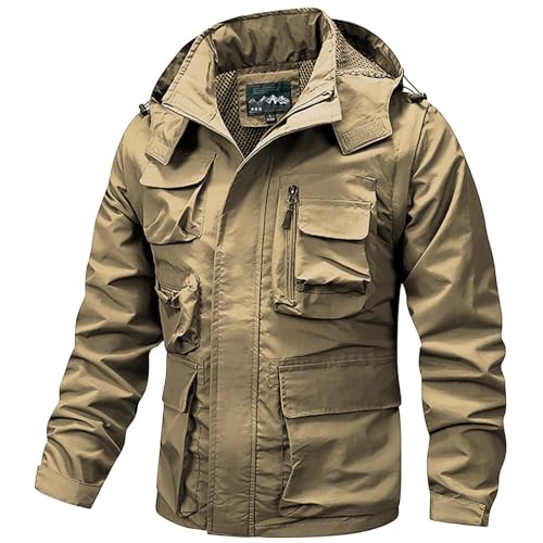 PODOLIXIA Outdoorjacke Herren, mit abnehmbarer Kapuze und Ärmeln Wanderjacke Mesh Futter Funktionsjacke Übergangsjacke Viele Taschen Anglerweste Multifunktions Kapuzenjacke Herren Angler Camping Jagd von PODOLIXIA