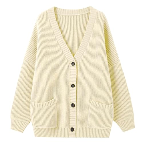 PODOLIXIA Oversized Strickjacke Damen Rippe Gestrickt V-Neck Cardigan Pullover mit Taschen Locker Strickpullover mit Knopfleiste Longsleeve Feinstrick Open Front Sweater Strickpulli Outwear von PODOLIXIA