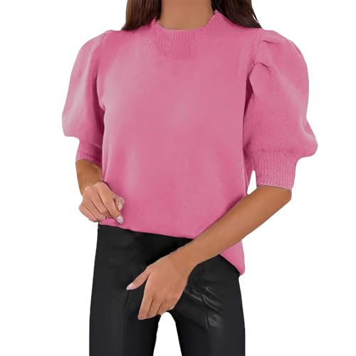 PODOLIXIA Pullover Damen Elegant Kurzarm Strickpullover Rundhalsausschnitt Puffärmel Strick Oberteile Female Feinstrickpullover Frühling Sommer Herbst Sommer Pullover Blusenshirt von PODOLIXIA