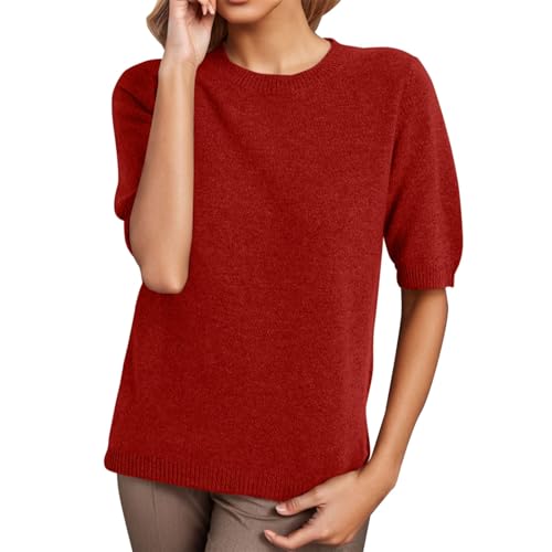 PODOLIXIA Pullover Damen Kurzarm Kaschmirimitat Elegant Frühling Sommer Sweatshirt Rundkragen Frauen Oberteil Bluse Kurzen Ärmeln Strick Tops Einfarbig Strickpullover Casual Sweater von PODOLIXIA