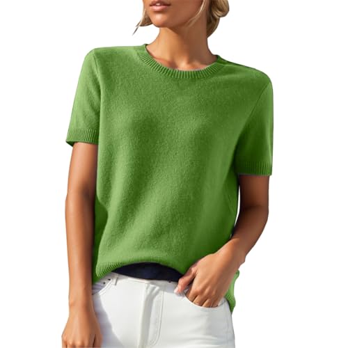 PODOLIXIA Pullover Damen Kurzarm Kaschmirimitat Elegant Frühling Sommer Sweatshirt Rundkragen Frauen Oberteil Bluse Kurzen Ärmeln Strick Tops Einfarbig Strickpullover Casual Sweater von PODOLIXIA