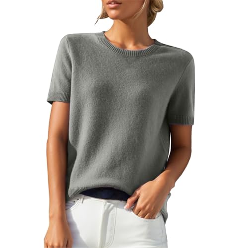 PODOLIXIA Pullover Damen Kurzarm Kaschmirimitat Elegant Frühling Sommer Sweatshirt Rundkragen Frauen Oberteil Bluse Kurzen Ärmeln Strick Tops Einfarbig Strickpullover Casual Sweater von PODOLIXIA