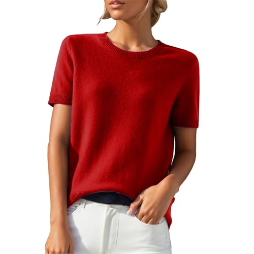 PODOLIXIA Pullover Damen Kurzarm Kaschmirimitat Elegant Frühling Sommer Sweatshirt Rundkragen Frauen Oberteil Bluse Kurzen Ärmeln Strick Tops Einfarbig Strickpullover Casual Sweater von PODOLIXIA