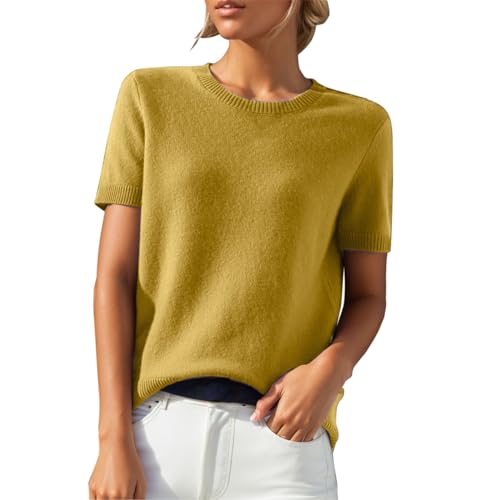 PODOLIXIA Pullover Damen Kurzarm Kaschmirimitat Elegant Frühling Sommer Sweatshirt Rundkragen Frauen Oberteil Bluse Kurzen Ärmeln Strick Tops Einfarbig Strickpullover Casual Sweater von PODOLIXIA