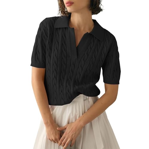 PODOLIXIA Pullover Damen Sommer, Damen Pullover Kurzarm Elegant Revers Strickpullover mit Zopfmuster Knits Jacquard V-Ausschnitt Pulli Sweatshirt Kurzärmeliges Strick-Oberteile von PODOLIXIA