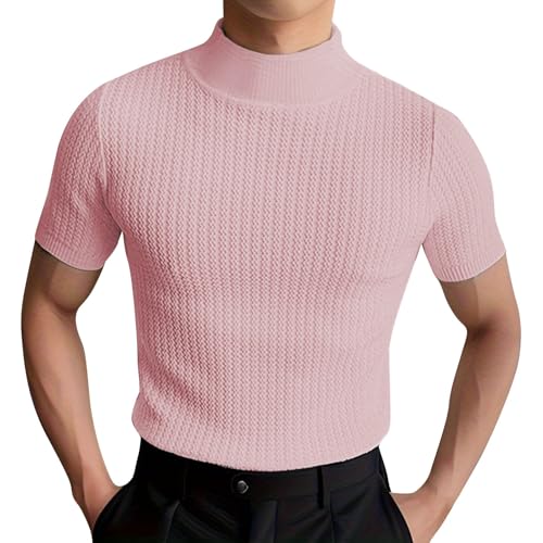 PODOLIXIA Pullover Herren Kurzarm, Strickpullover Herren, Stehkragen, Eng, Strick Tshirt Herren Rollkragenshirt Herren Kurzarm Rollkragen Pullover Männer Einfarbig Oberteile von PODOLIXIA