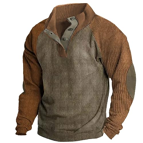 PODOLIXIA Pullover Herren ohne Kapuze Cord mit 1/4 Knopf Kragen Stehkragen Rippbündchen und Untere Saum Raglanärmel Vintage Sweatshirt Langarm Männer Oberteile Weich Langarmshirts von PODOLIXIA