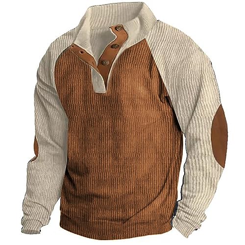 PODOLIXIA Pullover Herren ohne Kapuze Cord mit 1/4 Knopf Kragen Stehkragen Rippbündchen und Untere Saum Raglanärmel Vintage Sweatshirt Langarm Männer Oberteile Weich Langarmshirts von PODOLIXIA