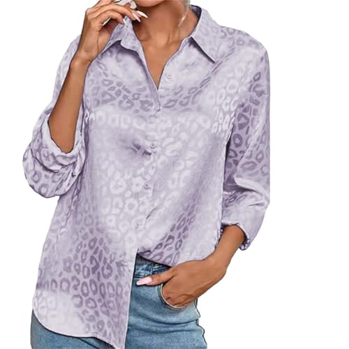 PODOLIXIA Satin Bluse Damen Elegante Longsleeve Hemd mit Knöpfe Seide V-Neck Oberteile Damen Herbst Langarmshirt mit Leopardenmuster Bedruckte von PODOLIXIA