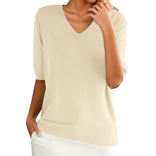 PODOLIXIA Sommer Pullover Damen, Kurzarm Pullover Damen, Kurzarmpullover Damen, Stricktop Damen Sommer, Leicht Strick Sweatshirt Elegant, Strickpulli mit Halbarm V-Ausschnitt Sweater von PODOLIXIA