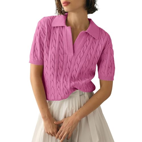 PODOLIXIA Sommer Pullover Damen, Kurzarm Pullover Damen Elegant Revers Strick Pullover mit Zopfmuster Strick Jacquard V-Ausschnitt Pulli Sweatshirt Kurzärmeliges Strick-Oberteile von PODOLIXIA