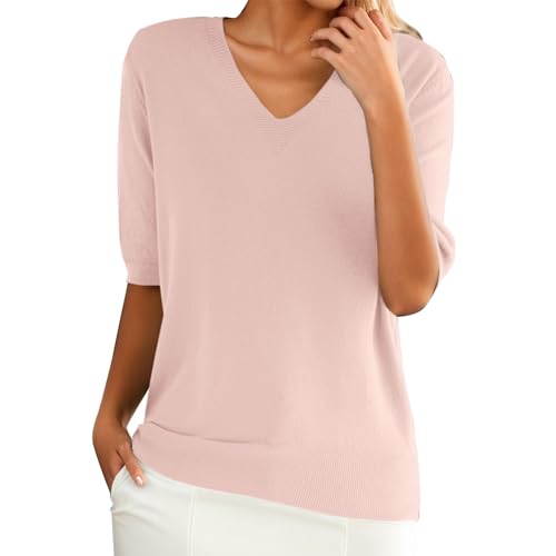 PODOLIXIA Sommer Pullover Damen, Pullover Damen Kurzarm, Kurzarmpullover Damen, Stricktop Damen Sommer, Leichte Strick-Oberteile Elegant, Strickpullover mit Halbarm V-Ausschnitt Sweater von PODOLIXIA