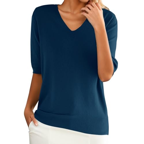 PODOLIXIA Sommer Pullover Damen, Pullover Damen Kurzarm, Kurzarmpullover Damen, Stricktop Damen Sommer, Leichte Strick-Oberteile Elegant, Strickpullover mit Halbarm V-Ausschnitt Sweater von PODOLIXIA