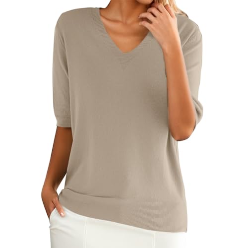 PODOLIXIA Sommer Pullover Damen, Pullover Damen Kurzarm, Kurzarmpullover Damen, Stricktop Damen Sommer, Leichte Strick-Oberteile Elegant, Strickpullover mit Halbarm V-Ausschnitt Sweater von PODOLIXIA