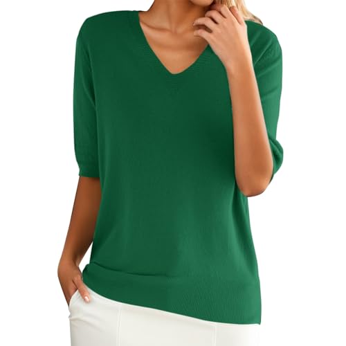 PODOLIXIA Sommer Pullover Damen, Pullover Damen Kurzarm, Kurzarmpullover Damen, Stricktop Damen Sommer, Leichte Strick-Oberteile Elegant, Strickpullover mit Halbarm V-Ausschnitt Sweater von PODOLIXIA