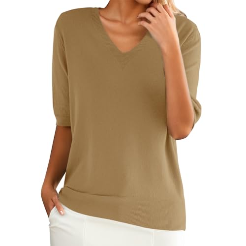 PODOLIXIA Sommer Pullover Damen, Pullover Damen Kurzarm, Kurzarmpullover Damen, Stricktop Damen Sommer, Leichte Strick-Oberteile Elegant, Strickpullover mit Halbarm V-Ausschnitt Sweater von PODOLIXIA