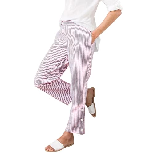 PODOLIXIA Sommerhose Damen Leicht Dünne Sommer Freizeithose Damenhose mit Gummizug und Taschen Bequeme Gestreifte Hose mit Schlitz und Seiten-Knöpfen Haushose von PODOLIXIA