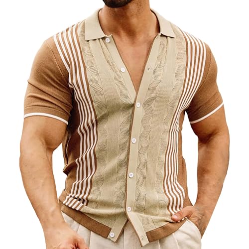 Strickhemd Herren Kurzarm Knit Poloshirt Elegante Strick Polohemd mit Knopfleiste Sommer Strickwaren für Tennis Golf Cardigan Streifen Golfshirt von PODOLIXIA